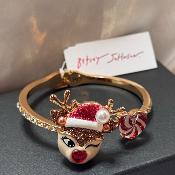 NWT Betsey Johnson Winking Reindeer Hinge Bangle Bracelet - Picture 7 of 11